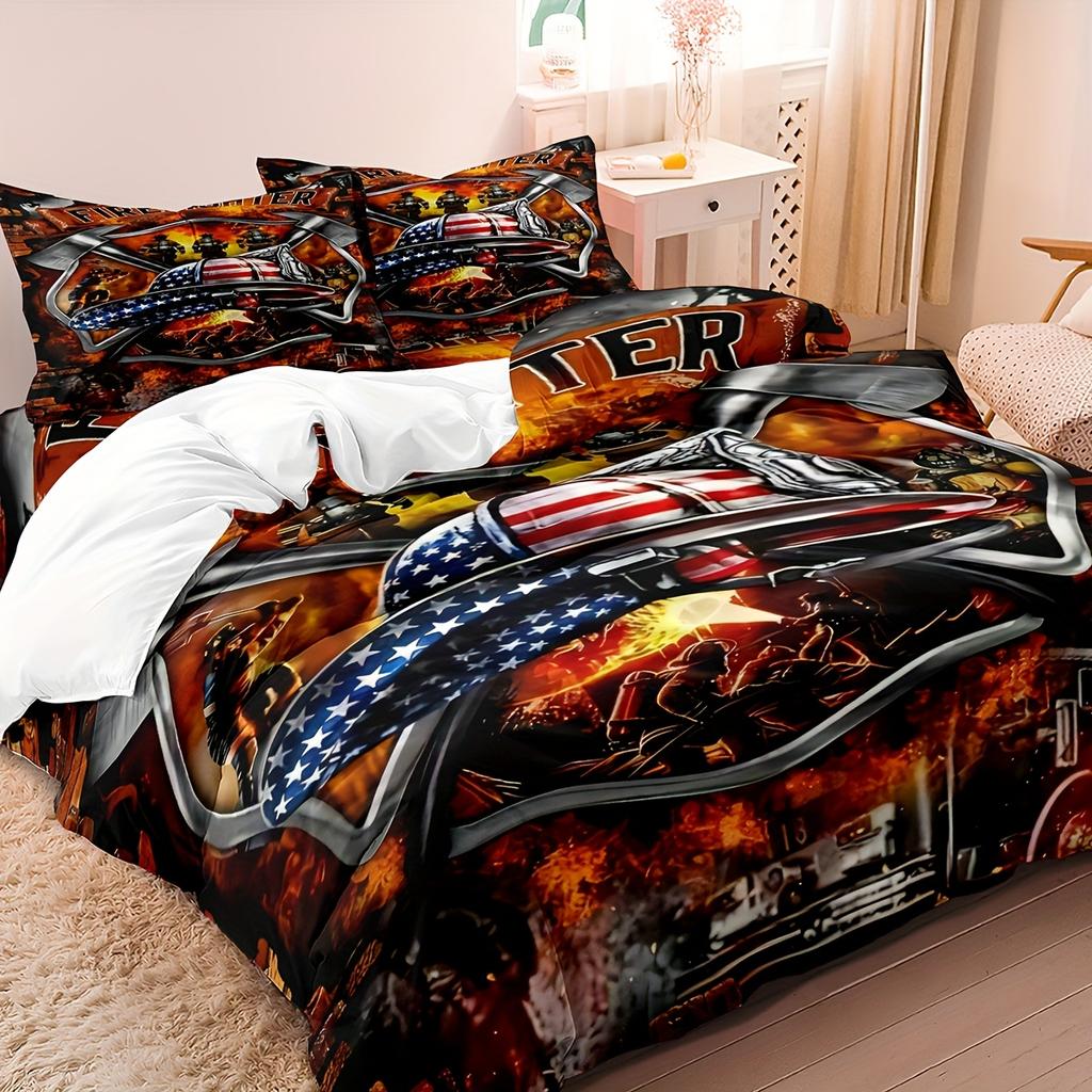 3-teiliges Bettwäscheset mit Feuerwehrmotiv, Digitaldruck, weich und komfortabel, bestehend aus 1 Bettbezug und 2 Kissenbezügen