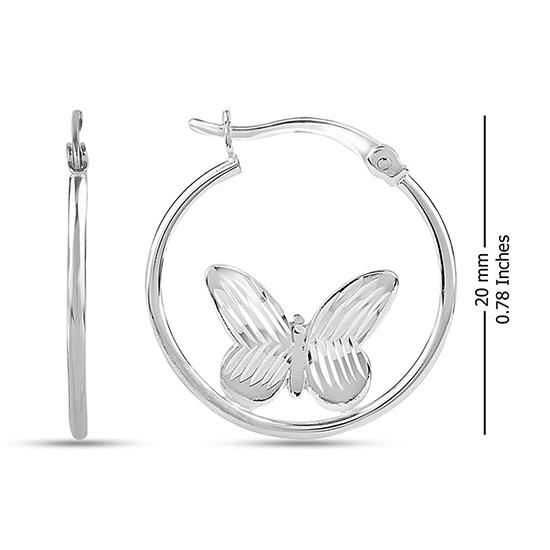 LeCalla S925 Sterling Silver Light Weight Diamond Cut Butterfly Motif Hoop Earrings for Women