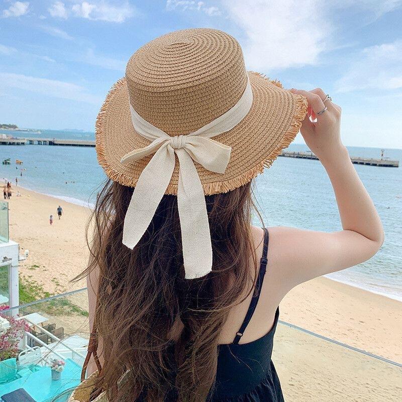 Bow Burr Edge Flat Top Straw Hat Women's Summer Seaside Beach Vacation Japanese Hawaiian Sun Woven Visor