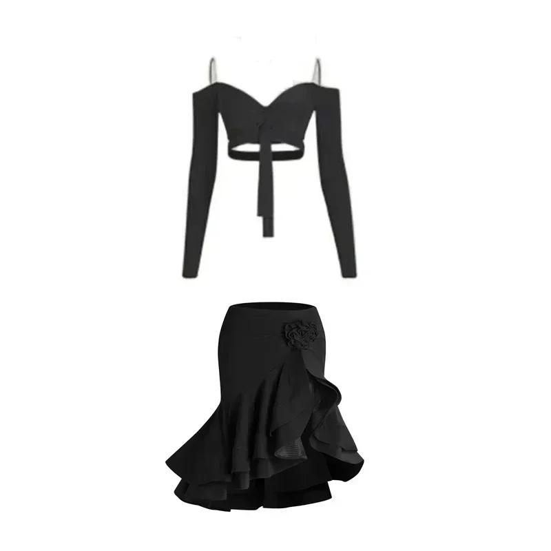 Sexy Off Shoulder Latin Top Ruffled Skirts Latin Dance Costume Stage Performance Clothes Samba Tango Dance Wear Set for Women