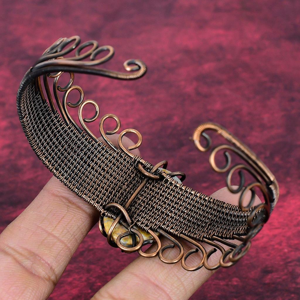 Maligano Jasper Gemstone Bangle Copper Wire Wrapped Adjustable Cuff Bracelet