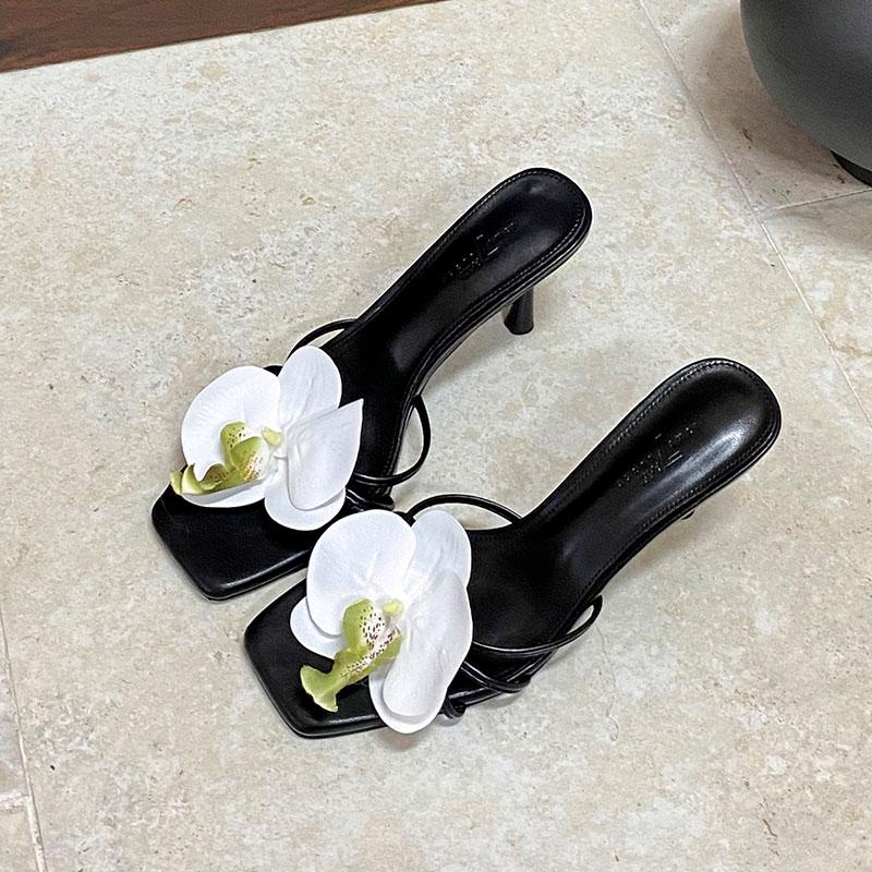 Fashion Female Slip On Footwear Square Toe Ladies High Heels Pumps Slides Shoes Luxury Fashion Flower Women Thin Heels Shoes 2025 New