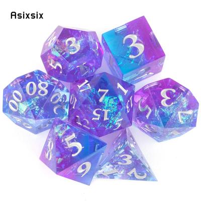7 Stuks Paars Blauwe Hars Witte Nummer Scherp Rand Dobbelstenen Veelvlakige Dobbelstenen Geschikt voor Rollenspel RPG Bordspel