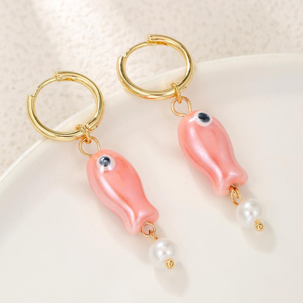 Cartoon Cute Ceramic Fish Pendant Hoop Earrings for Women Girls Fashion Stainless Steel Ear Buckle Zircon Accessories Gift