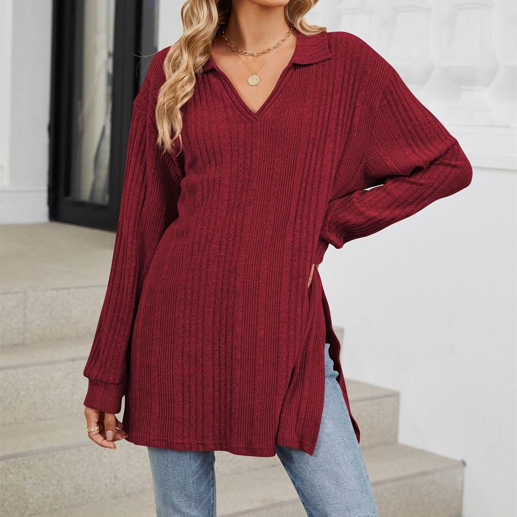 HNXC Women's Fashion Casual Autumn Winter Solid Color Print Long Sleeve V Neck Blouses & Shirts