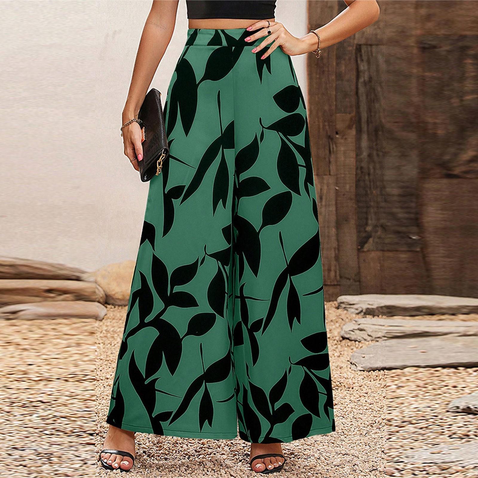 

Летние повседневные брюки из шифона с принтом листьев, высокой талией и широкими штанинами для женщин S
