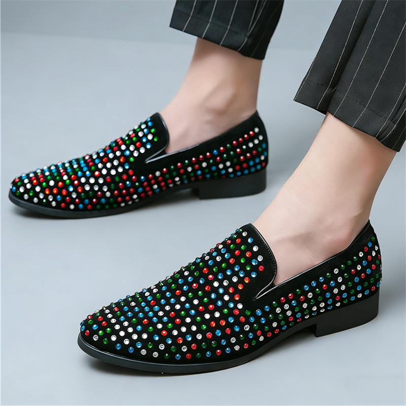 Designer Fashion Charm Rhinestones Pointed Flats Wedding Shoes Men Casual Loafers Formal Dress Footwear Sapatos Tenis Masculino