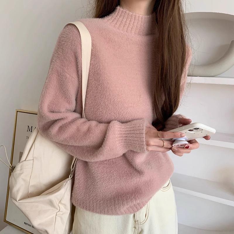 Women's 2025 Mink Cashmere Thick High Neck Sweater - Autumn/Winter Fashion Knitted Base Layer Top