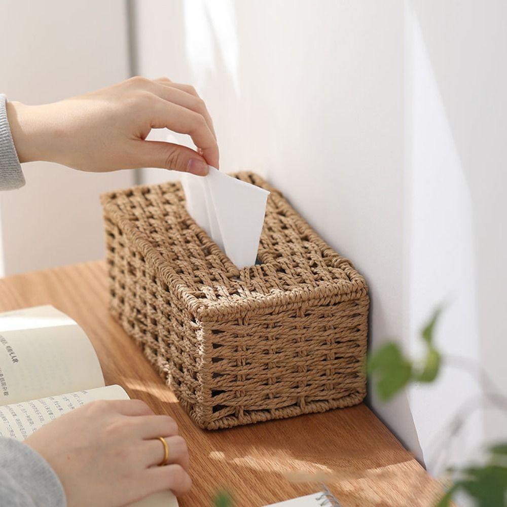 Large Capacity Woven Tissue Box Imitation Rattan Tissue Storage Organizer Dining-table
