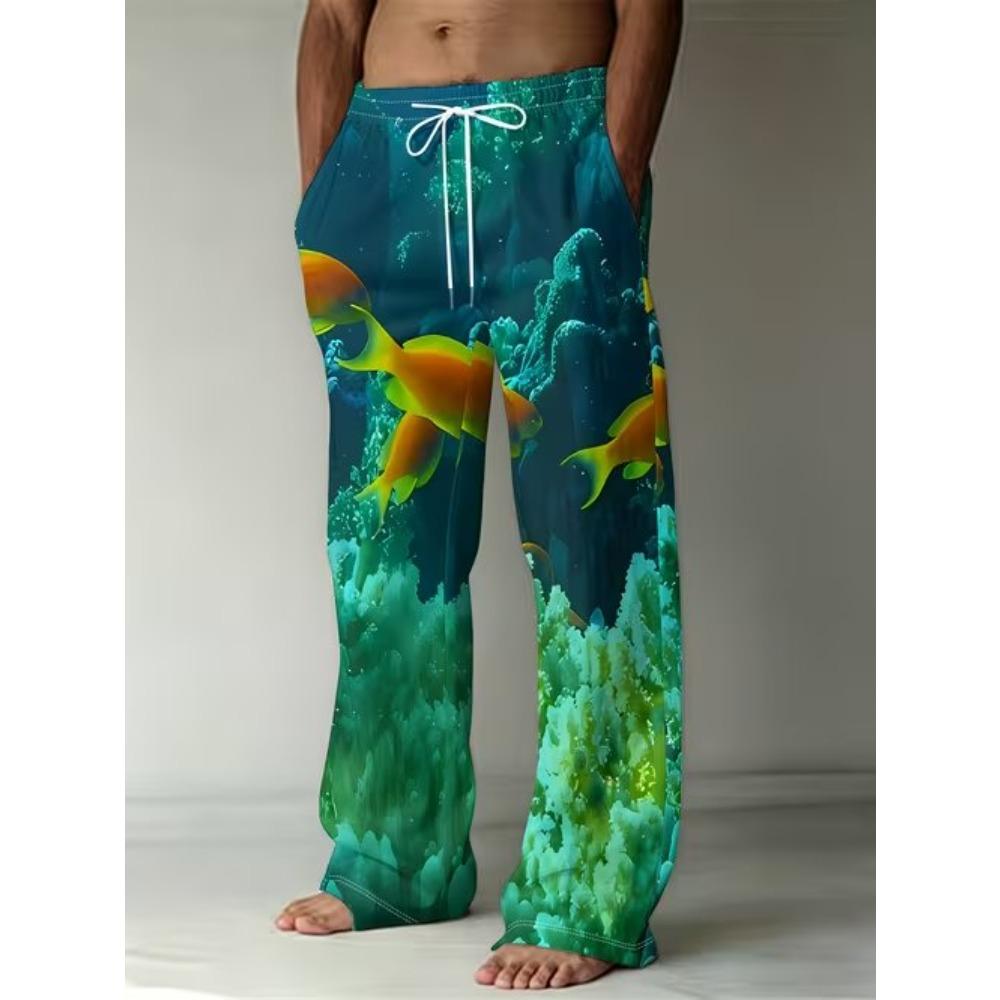 Men's 3D Seaside Printed Baggy Casual Trousers, Elastic Drawstring Waist with Pockets, for Spring Summer Home Outdoor Vacation