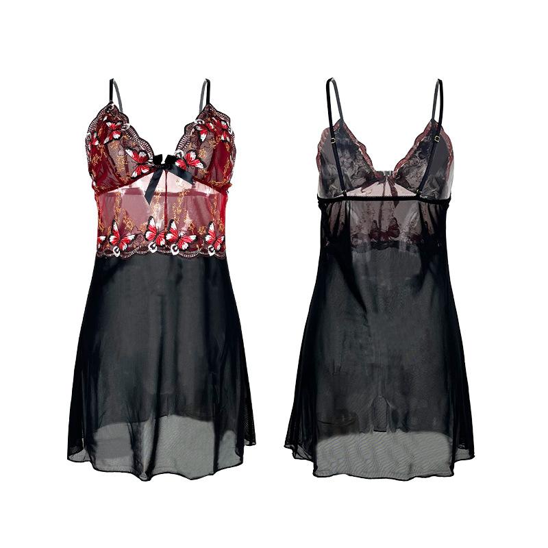 Butterfly Embroidery Mesh Nightgown Deep V Cami Sexy Sheer Women's Loungewear 742 Whimsical Flirty Sleepwear Adorned with Butterfly Accents