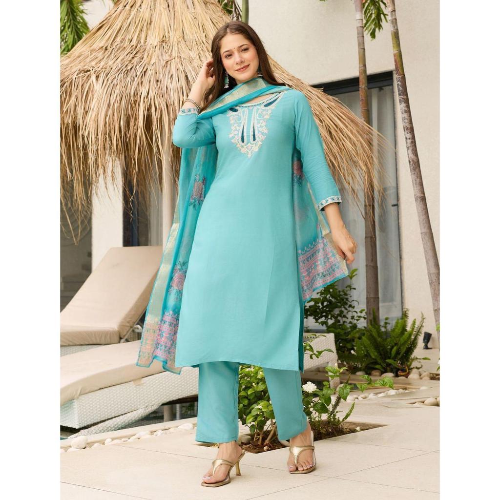 Women's Viscose Embroidered Straight Kurta with Pant And Dupatta Sets