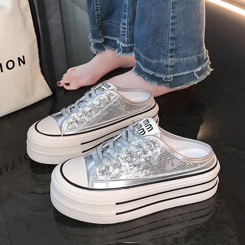 Mode 2024 Vår Höst Damtofflor Mode Baotou Halvtofflor Bär Ny Stil Muffin Snörning Casual Canvas Tofflor för Kvinnor