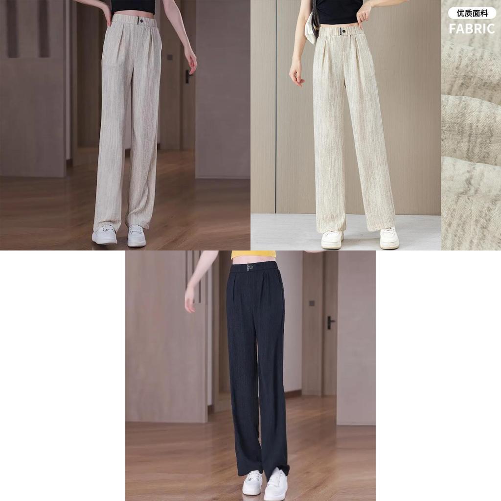 Summer Ice Silk Straight Leg Pants For Women With High Waist And Pocket Detailing
