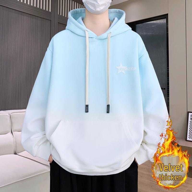 Men's Fleece-Lined Gradient Crew Neck Long-Sleeve T-Shirt: Loose, Casual, Trendy Style for Teenagers—Perfect for Autumn and Winter.