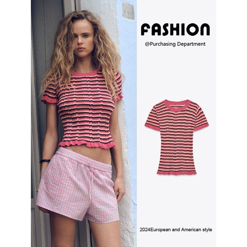 Za2025 Summer New Women clothes Versatile Comfortable Laminated Decoration Stripe round Neck Short sleeve T-shirt 5644786
