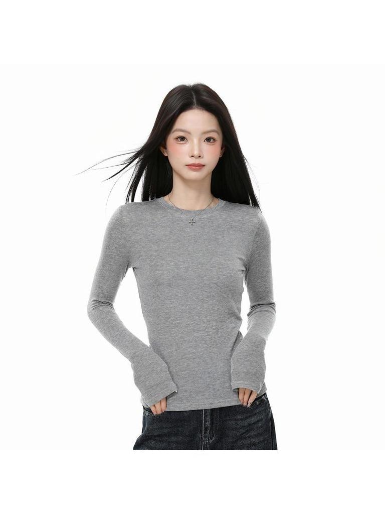 Women's Gray Slim-Fit Long-Sleeve T-Shirt: Korean Style, Autumn/Winter Base Layer