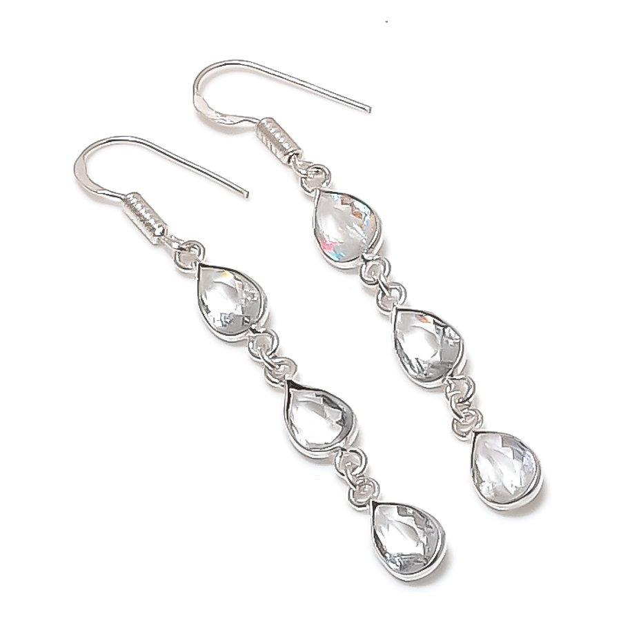 Natural White Topaz Gemstone Handmade 925 Sterling Silver Earring 2.36" p8r13