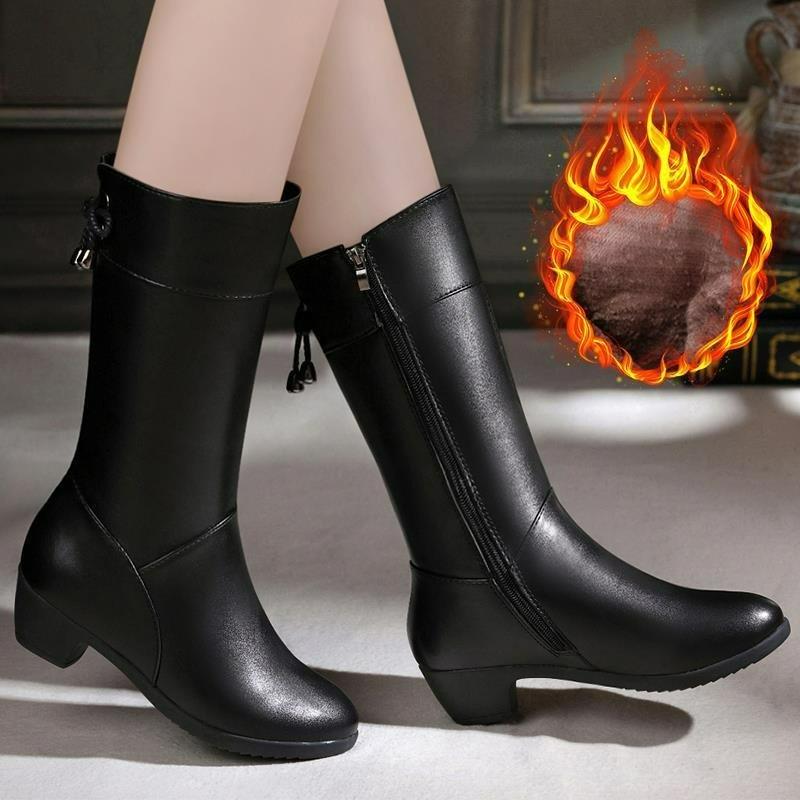 Winter Mid-tube Boots Women's High-heeled Mid-heeled Thick-heeled Plus Velvet All-match Large Size Cotton Shoes Leather Boots