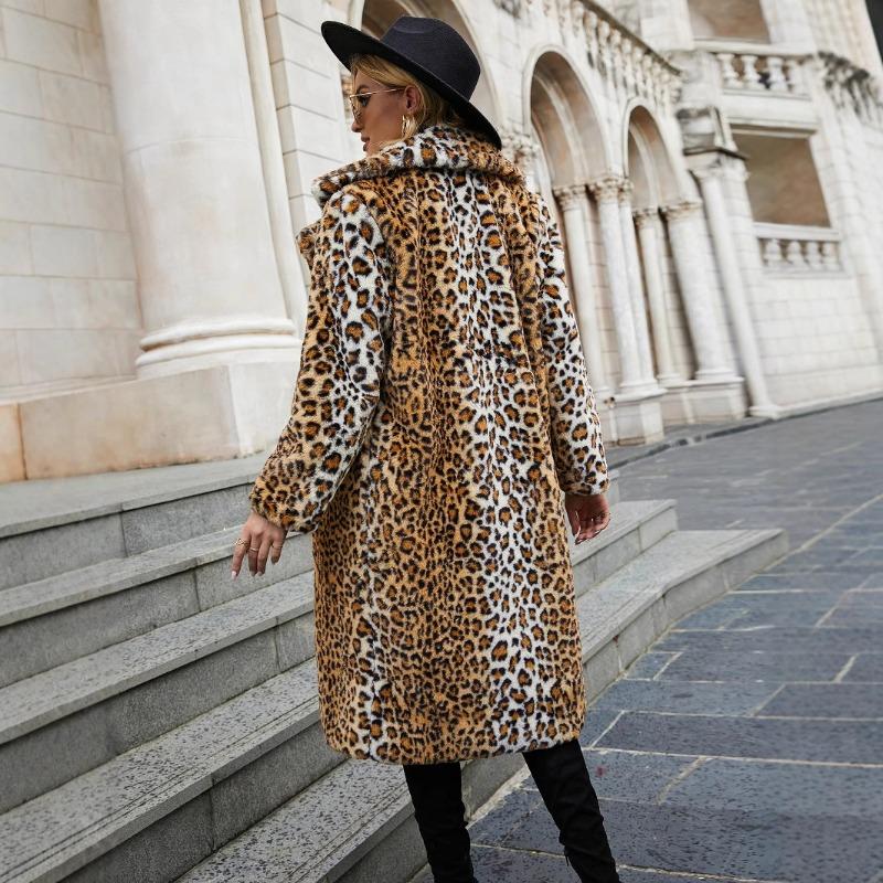 Damen Leopard Print Kunstfell Trenchcoat Revers Mittellang Warmer Wintermantel