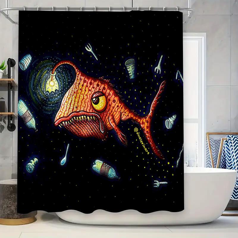 

Artistic Fish Print Shower Curtain Waterproof Washable for Bathroom Decor Red Yellow Orange Black Colorful Design with Canister 90x180cm