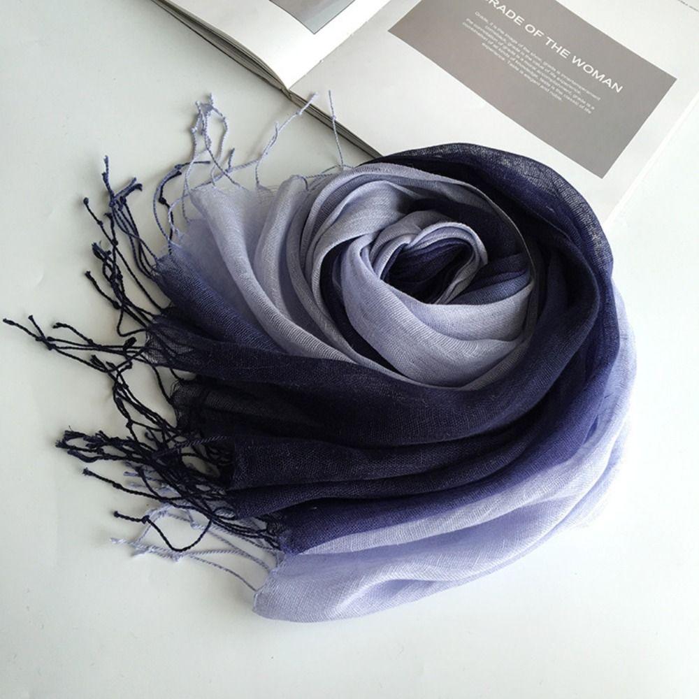 Lightweight Gradient Scarf Sun Proof Shawl Wrap Japanese Style Pure Linen Scarf  For Women Ladies