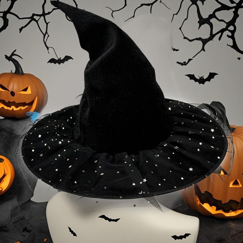 Black Velvets Witch Hat With Golden Star Elegant Curved Border Halloween Hat for Women Men Kids