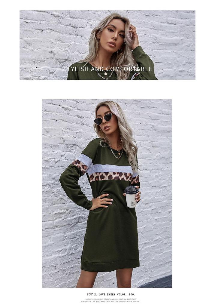 Herbst Damen Street Style Leopard Patchwork Pullover Sweatshirt Kleid