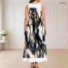 Women Plus Size Sleeveless Round Neck Triple Keyhole Cutout Printed White Navy Blue Long Dress