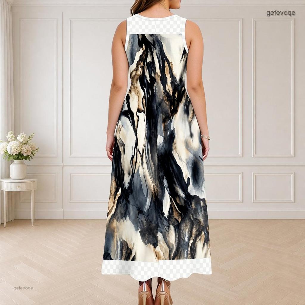 Women Plus Size Sleeveless Round Neck Triple Keyhole Cutout Printed White Navy Blue Long Dress