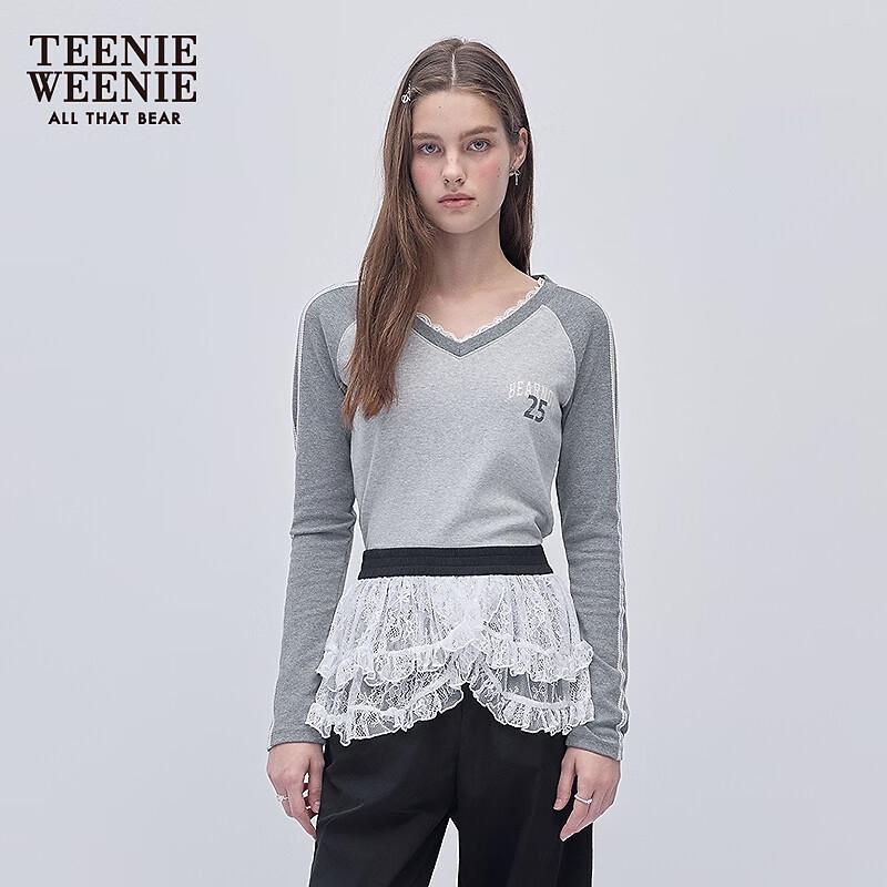 Teenie Weenie Women s Lace Patchwork Color Block V-Neck Long Sleeve T-Shirt XS