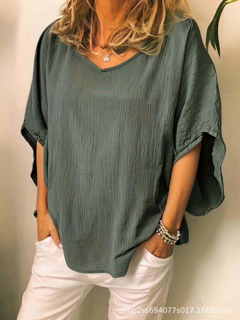 Versatile Batwing Sleeve V-Neck Cotton Linen Top