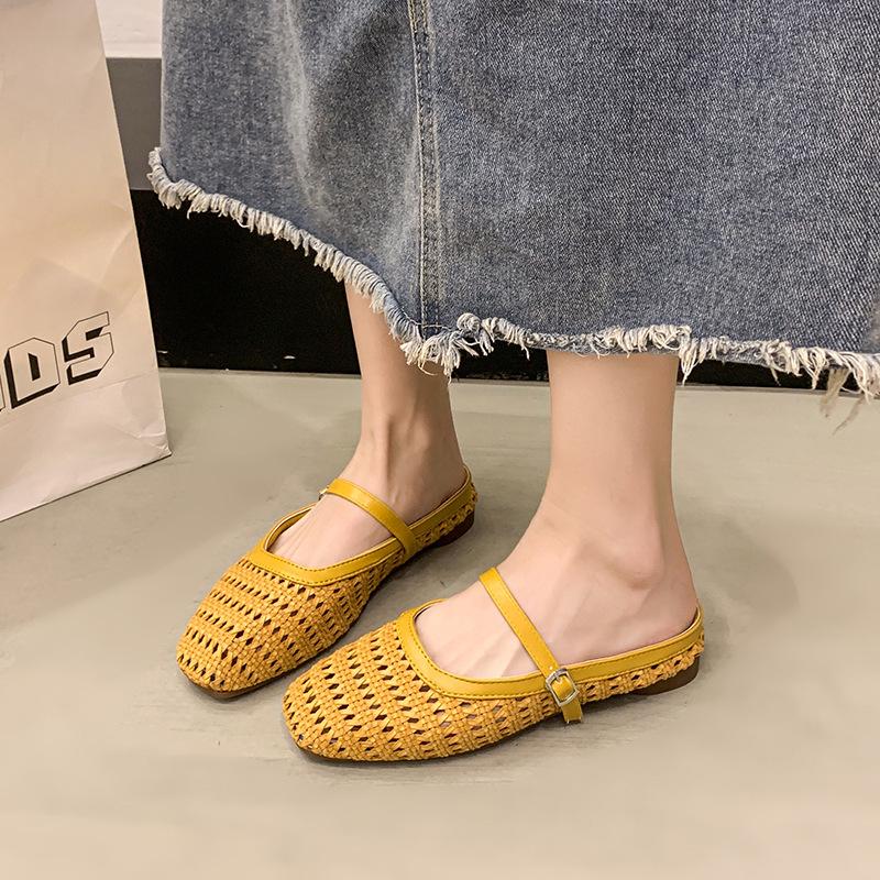 Sheepskin Version! Inner Heightening Rhinestone Baotou Half Drag Girl 2025 Summer New Mesh Breathable Fairy Wind Cool Slippers
