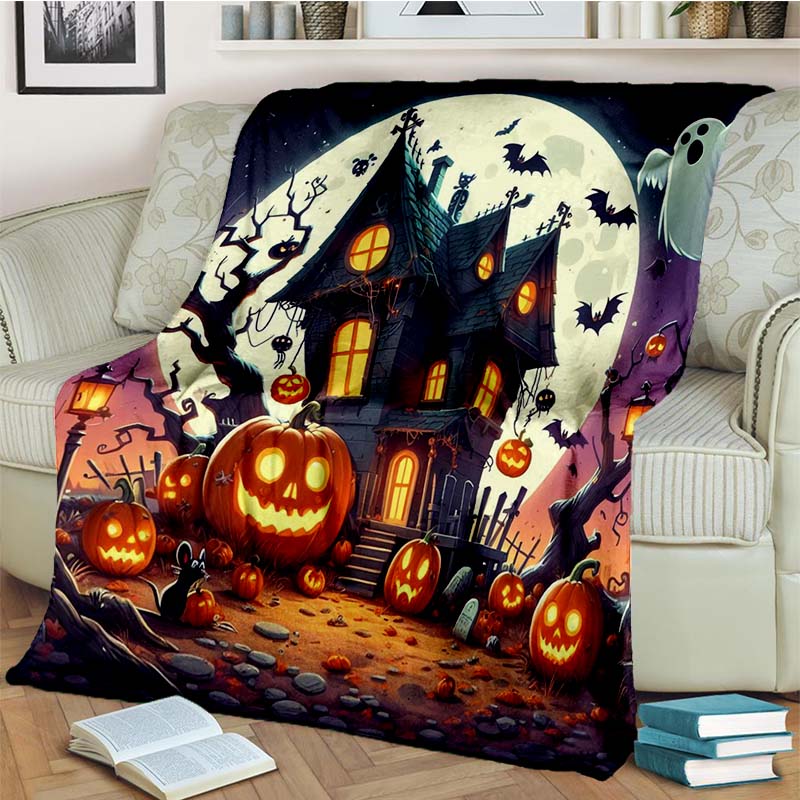 Halloween Pumpkin Ghost Print Flannel Blanket Cozy Warm Throw Bedroom Sofa Present Indoor Home Holiday Lounge Bedding Decor