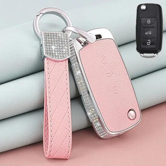 A+ Zinc Alloy Leather Diamond Car Key Case Cover For VW Polo Beetle Passat Jetta