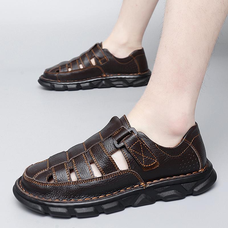 Roman Hollow Sandals Men Shoe Retro Round Toe Layer Cowhide Baotou Summer New Breathable New Personality Street Leather Sandals