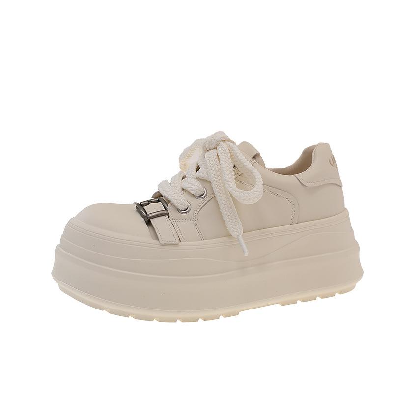 2025 Metal Buckle Leather Big Head Lace-up Thick-soled Muffin Bread Shoes Casual Board Shoes Small German Training Women's Shoes