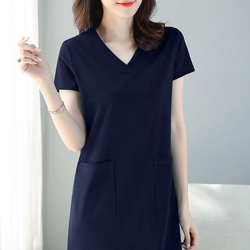 Peacock Blue Short-sleeved Dress for Women Spring Summer Mid-length Loose V-neck Skirt