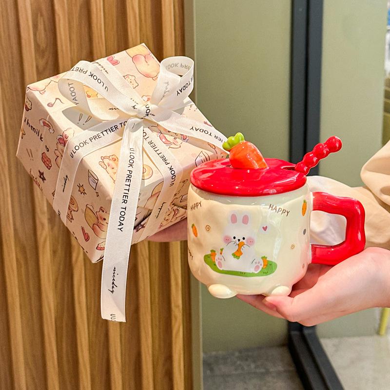 Cute and high-value radish rabbit ceramic cup with lid spoon girl couple mug for girlfriend birthday gift