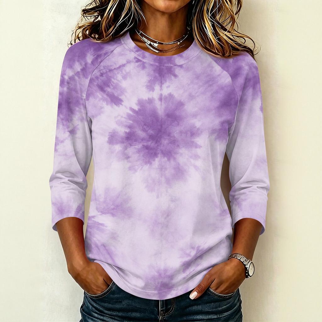 Damen Lässiger Raglanärmel Pullover T-Shirt Rundhalsausschnitt Dreiviertelarm Batik Print Oberteil für den Alltag