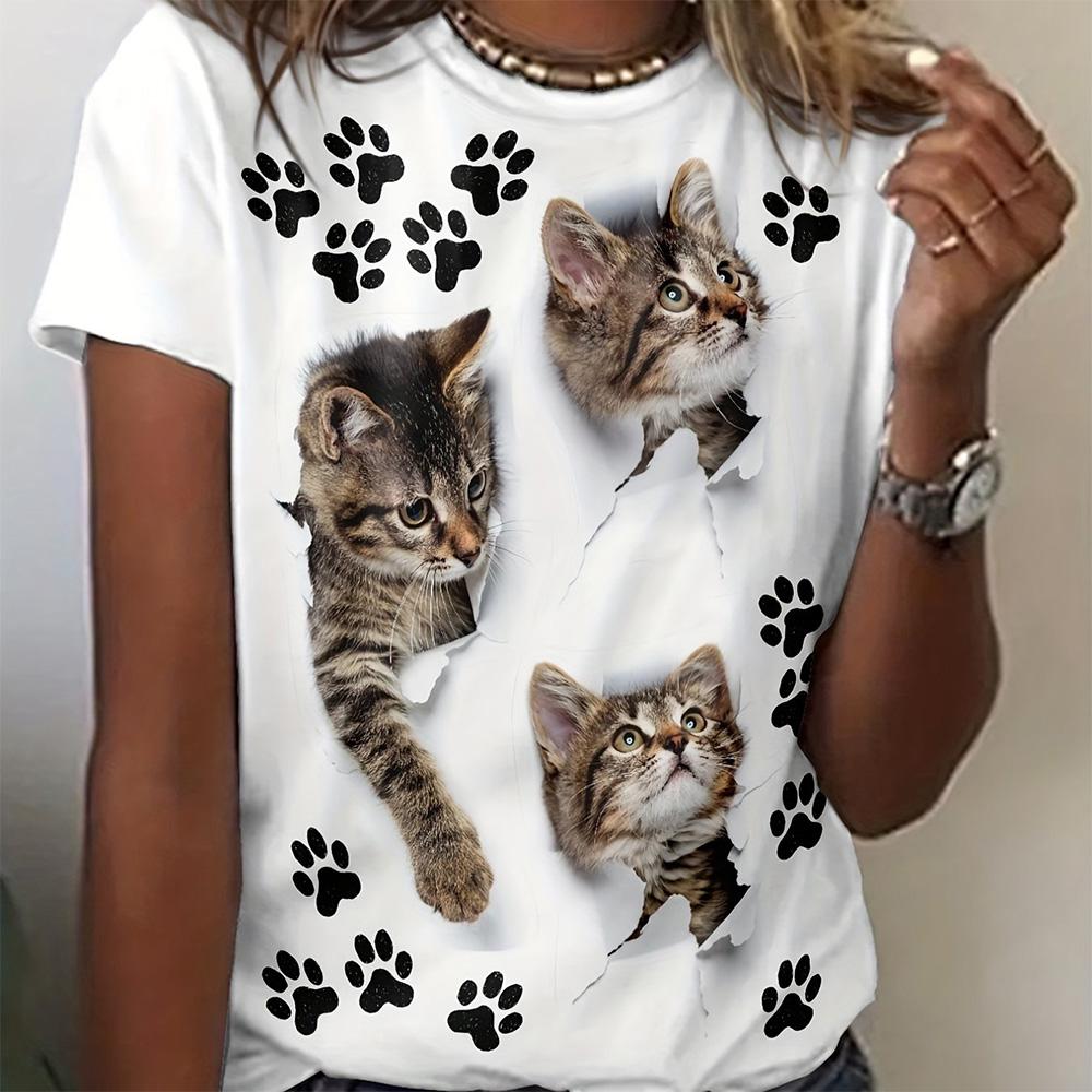 

2024 Summer Women s T-shirt Cat Printed Clothing Round Neck Top Fashion Loose Short Sleeve Cute Top Women s Party T-shirt XL