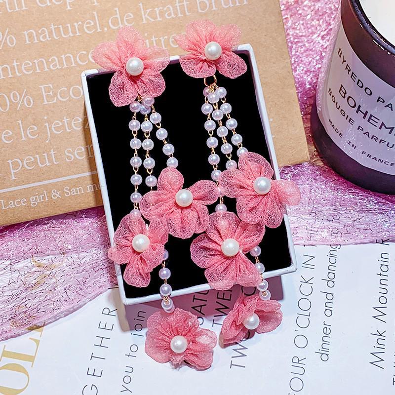 Silver Needle Bohemian Pearl Flower Tassel Earrings - Stylish Personality Design for Women