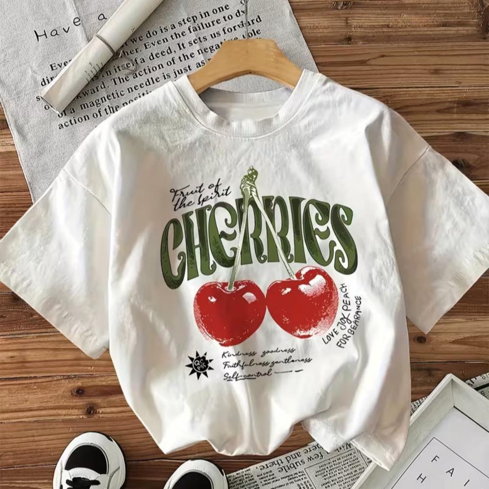 

European and American Y2K Hot Girl INS Style Cherry Letter Printed Top Round Neck Short Sleeved T-shirt for Women T Shirt M