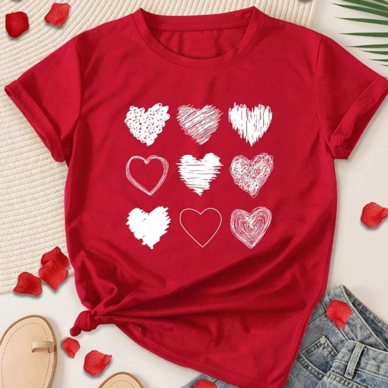 Red Heart Printed Women T-Shirts Fashion Streetwear Short Sleeve Tee Clothing Casual Soft Women Tops Valentine's Day T-shirt