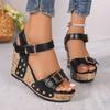 Fashion 2025 Women'S Summer Wear Beach Shoes American Retro Slope High Heel Sandals Fashionable Black Buckle Slope Sandals Zapatos Mujer