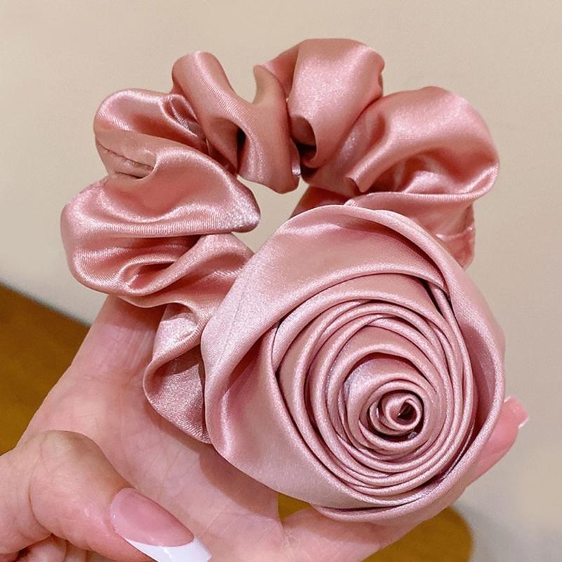 Korean Women Rose Elastic Hair Bands Hair Scrunchies Big Flower Satin Hair Rope Charm Horsetail Gentle Hair Accessories