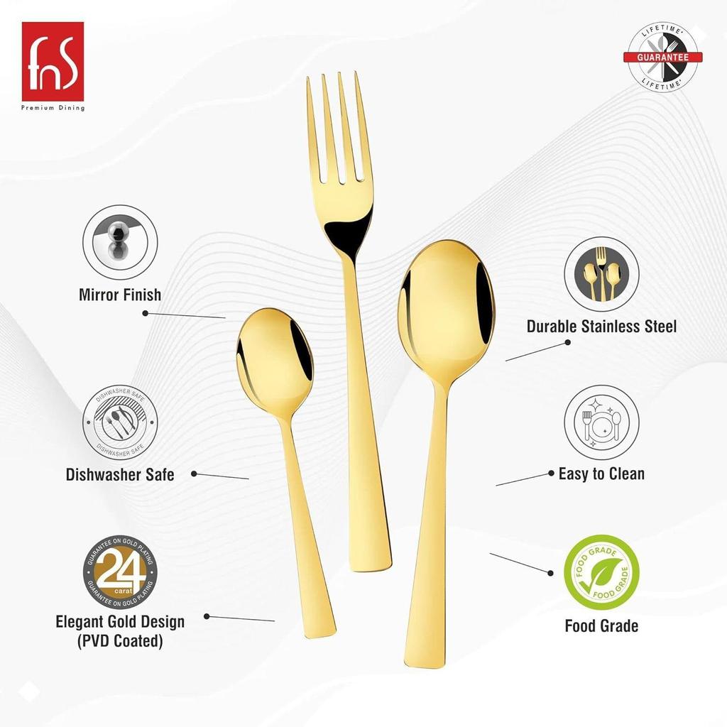 Montavo Alexa Gold 18 Piece Stainless Steel Cutlery Set with Leatherette Box (6 Dinner Spoon, 6 Dinner Fork & 6 Teaspoon)