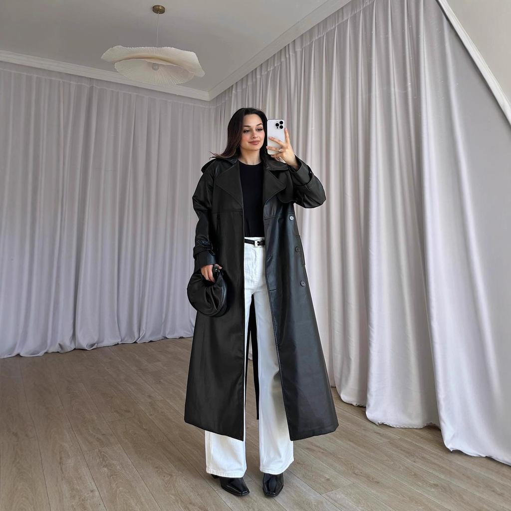2025 cross-border European and American women's clothing Amazon fashion waist long pu leather coat feeling leather trench coat set