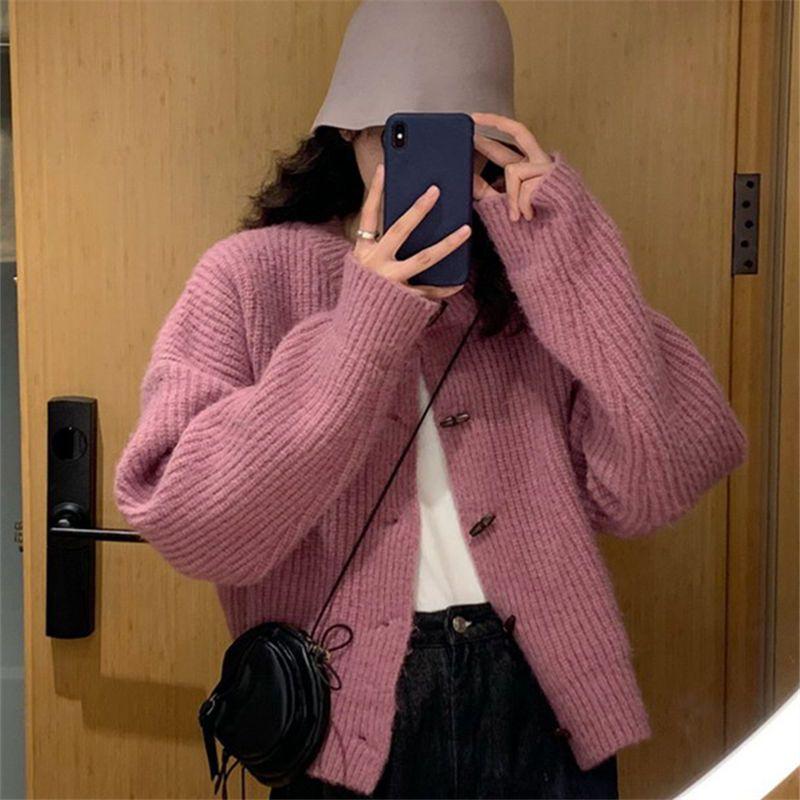 

Вязаный кардиган-топ для женщин, верхняя одежда, ленивый стиль, французский свободный свитер-пальто с роговыми пуговицами XL розовый