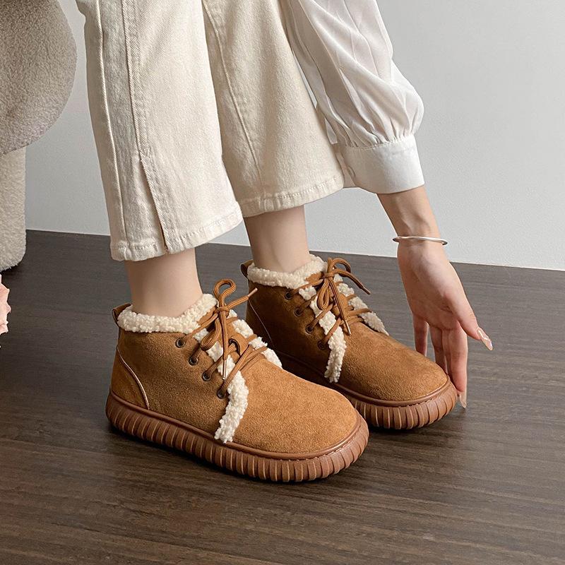 

Женские зимние ботинки на толстой подошве 2025 новая модель, бархатные утепленные теплые хлопковые ботинки большого размера женская обувь 41-42 цельный мех 42 каштановый